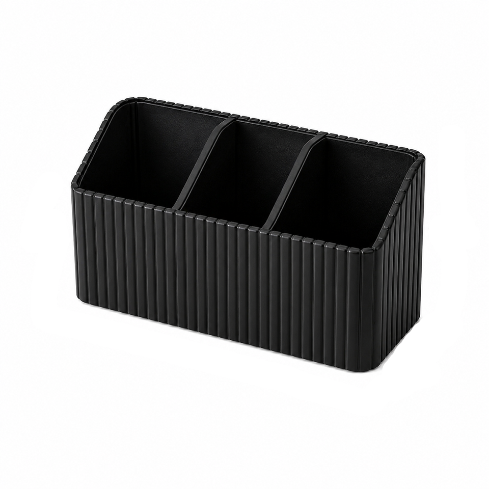 Striped Leather Desk Organizer – 3 Compartment Holder for Remotes, Phones, Pens & Office Supplies