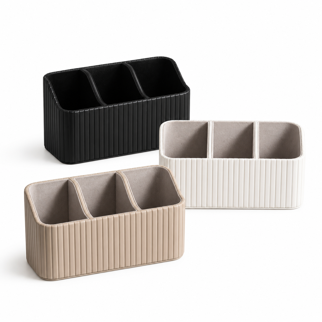 Striped Leather Desk Organizer – 3 Compartment Holder for Remotes, Phones, Pens & Office Supplies